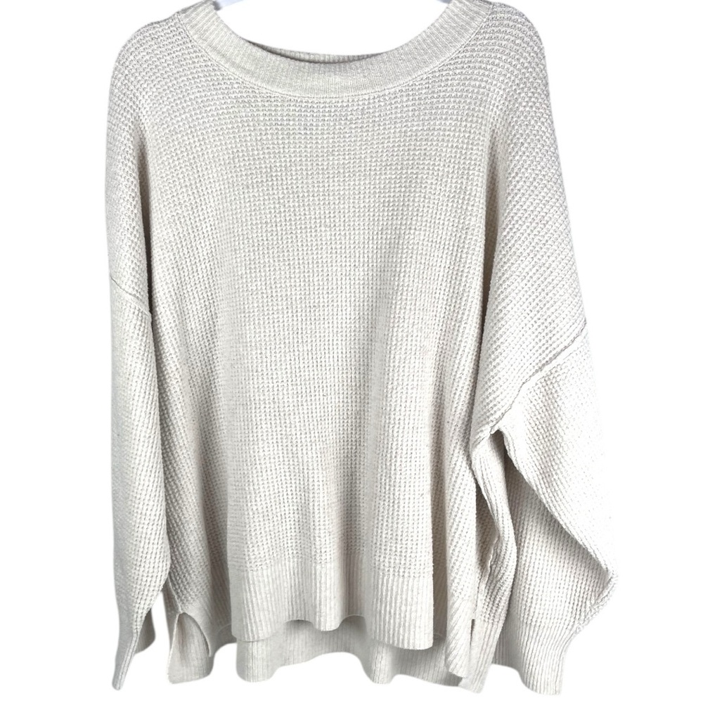 aerie Oversized Scoop Neck Waffle Knit Sweater in Light Beige